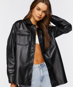 Faux Leather Dolphin-Hem Shacket